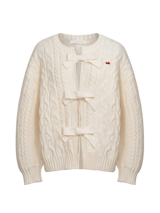 Bow Cable Red Coquette Knit Cardigan - Image 2