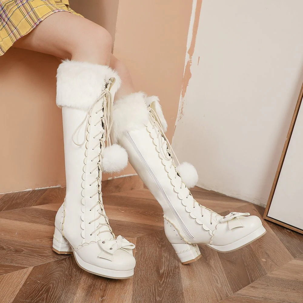Bow Fur Knee High Boots - Image 11