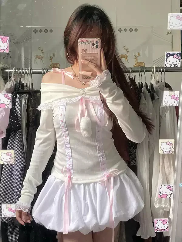 Bow Off-shoulder Long-sleeved Top - Image 4