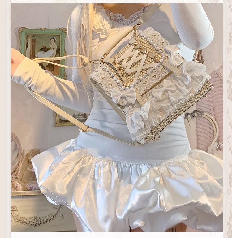 Bow Pearl Ribbon Straw Backpack - Image 2