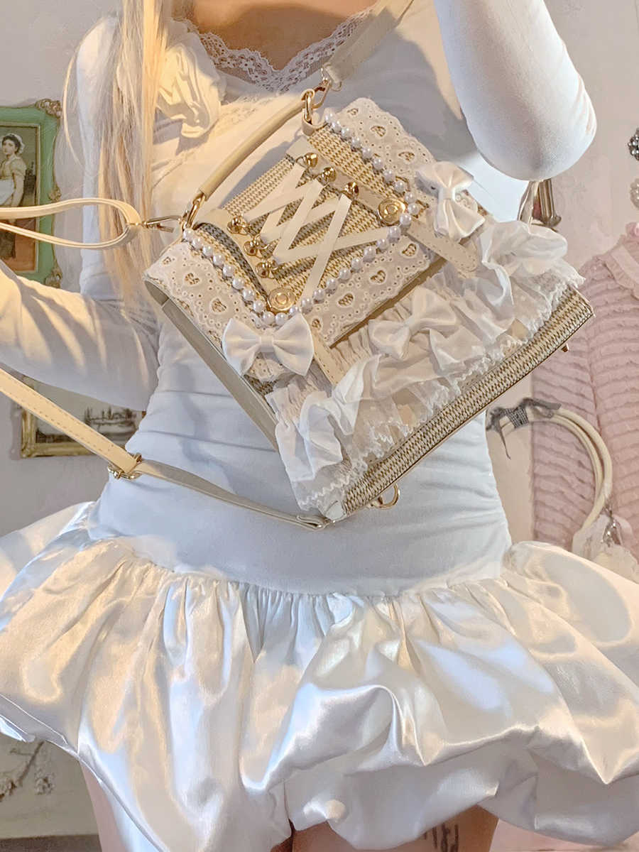 Bow Pearl Ribbon Straw Backpack - Image 4