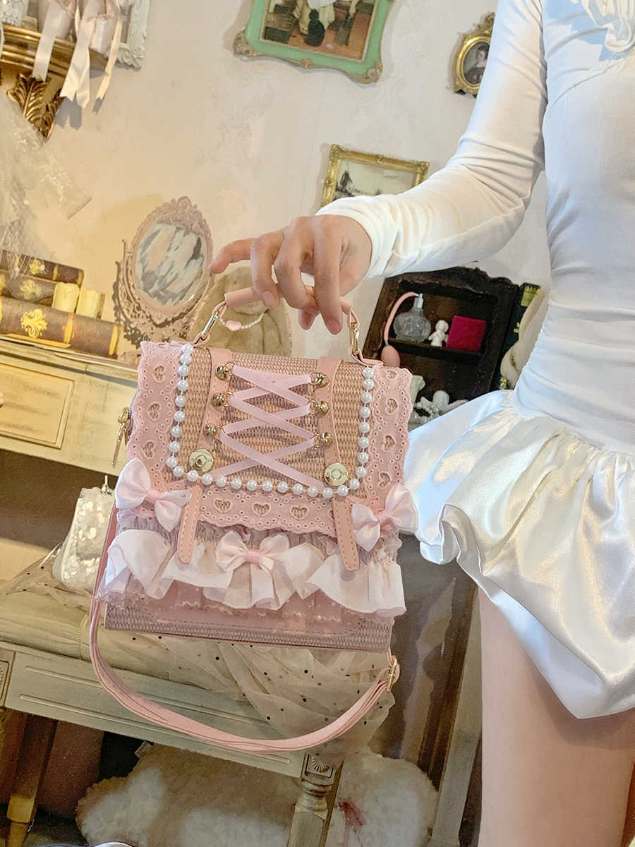 Bow Pearl Ribbon Straw Backpack - Image 5