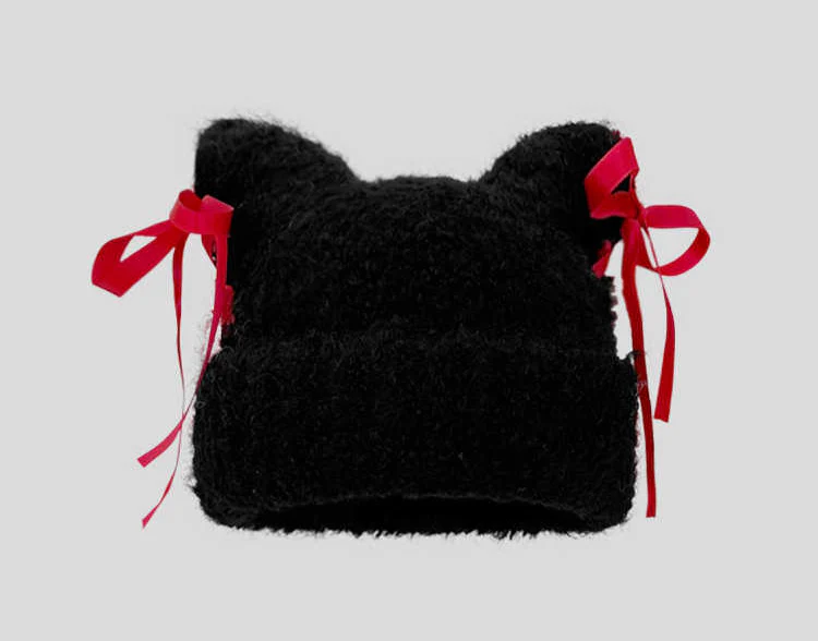 Bow Ribbon Plush Cat Ear Hat - Image 3