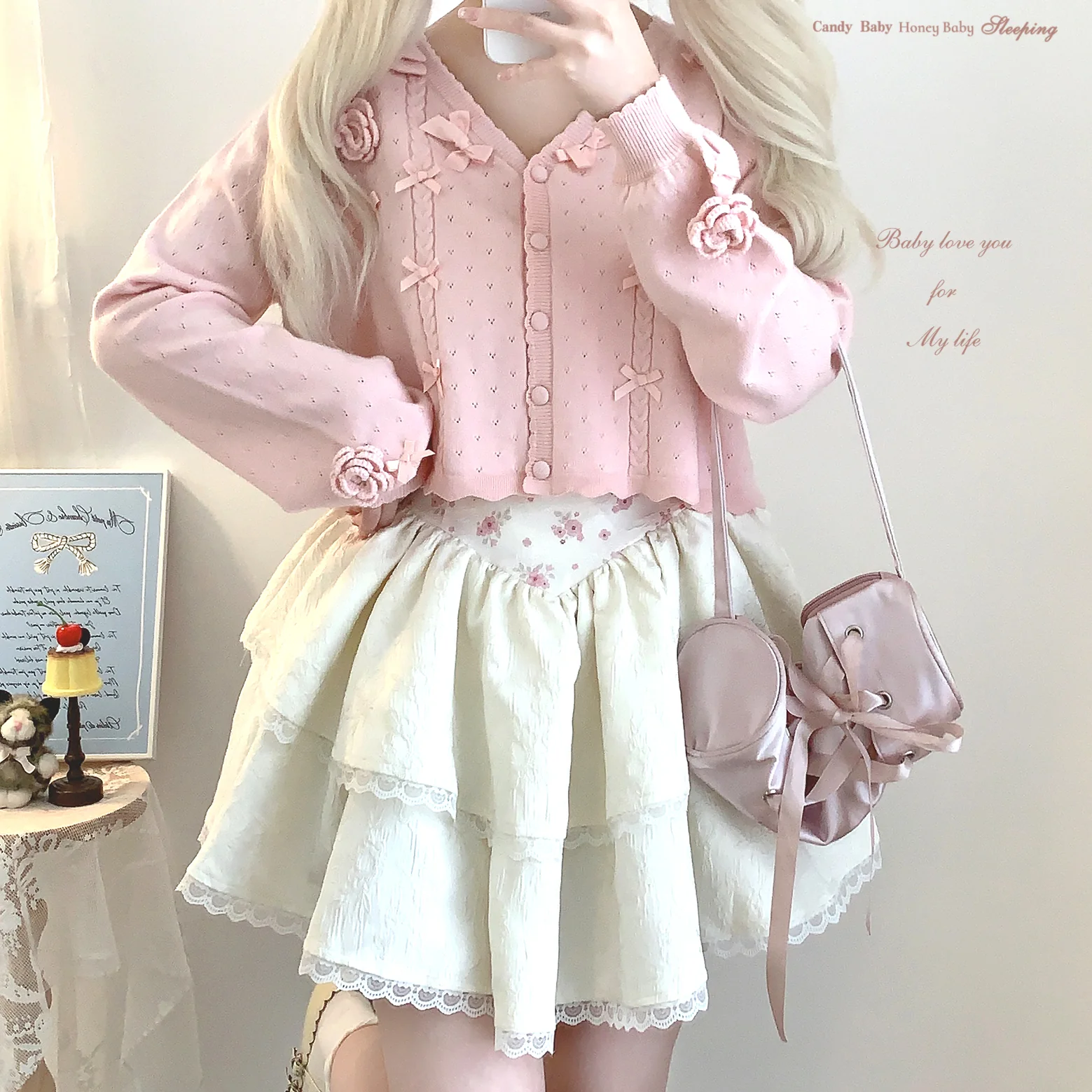 bow rose twist hollow knitted cardigan - Image 3