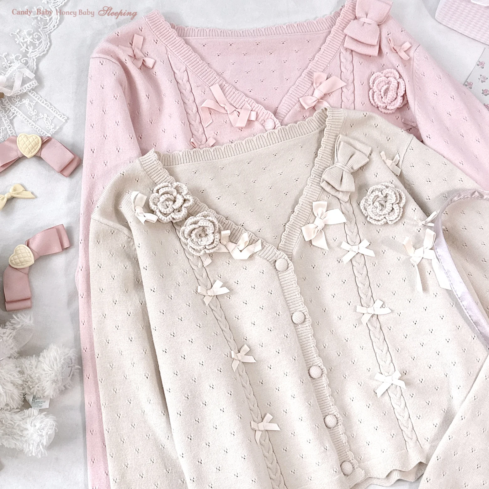 bow rose twist hollow knitted cardigan - Image 5