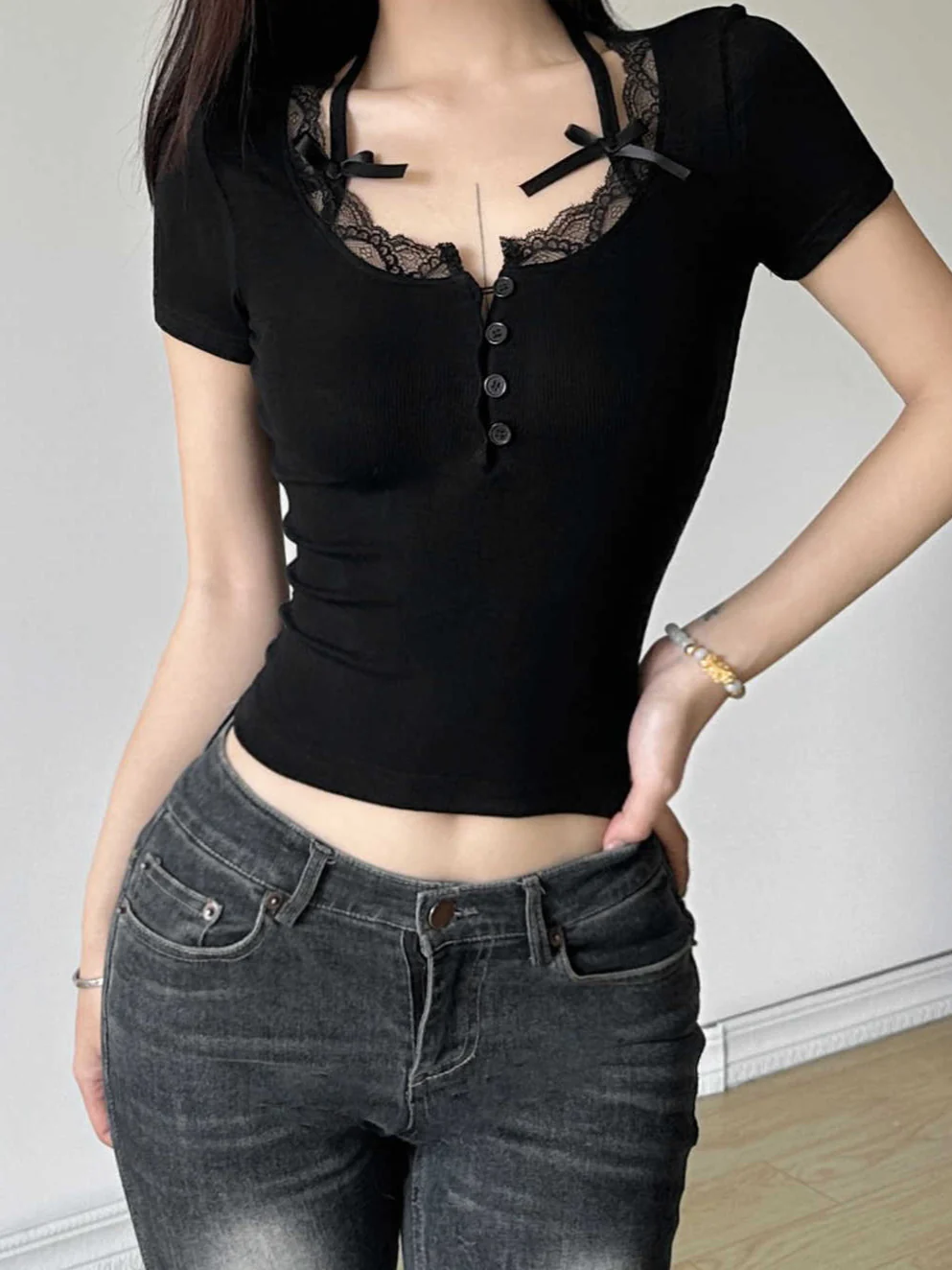 Bow Strap Lace Dark Coquette Shirt - Image 2