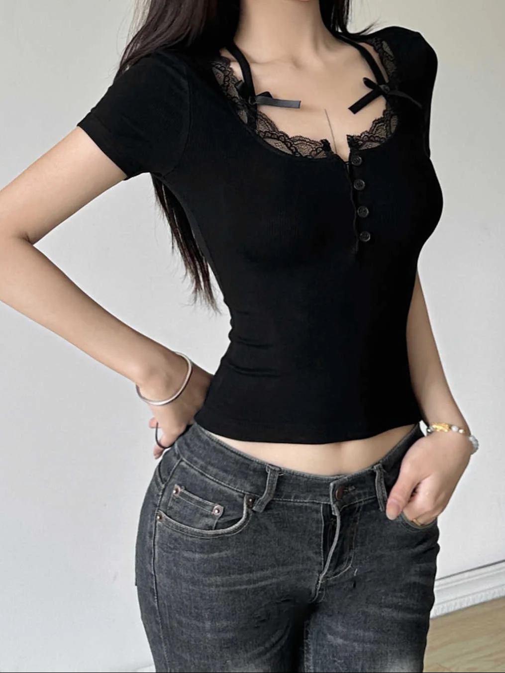 Bow Strap Lace Dark Coquette Shirt - Image 3