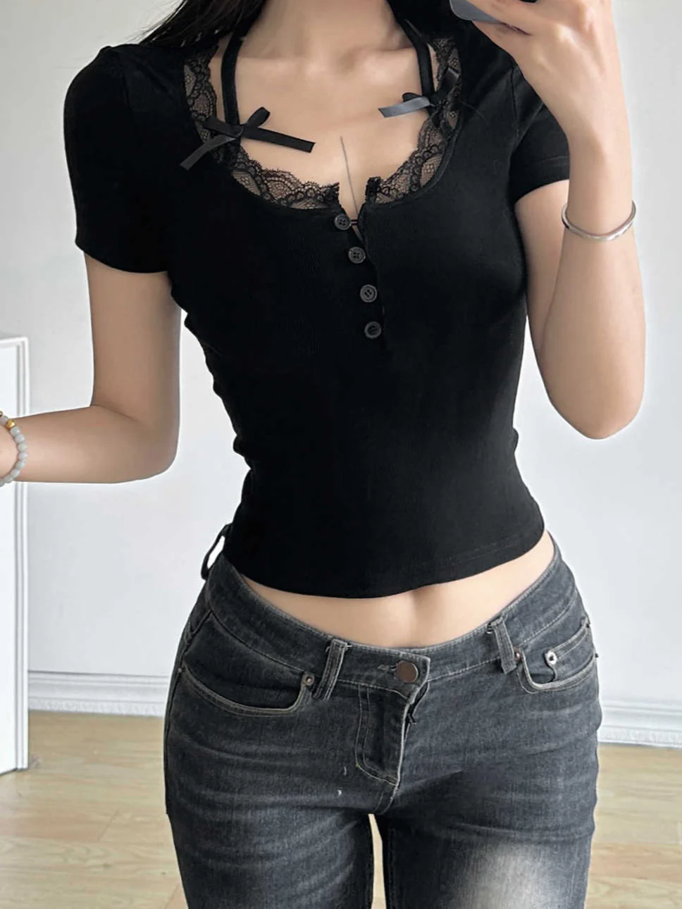 Bow Strap Lace Dark Coquette Shirt - Image 4