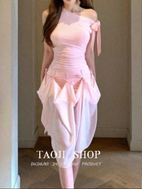 Bow Straps Waist-cinching Splicing Dress - Image 3