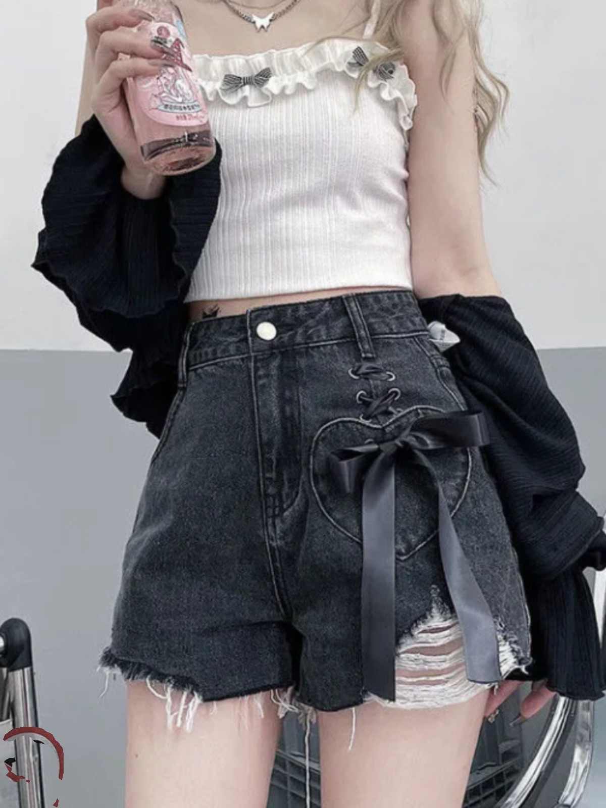 Bow-tied Ripped Denim Shorts - Image 7