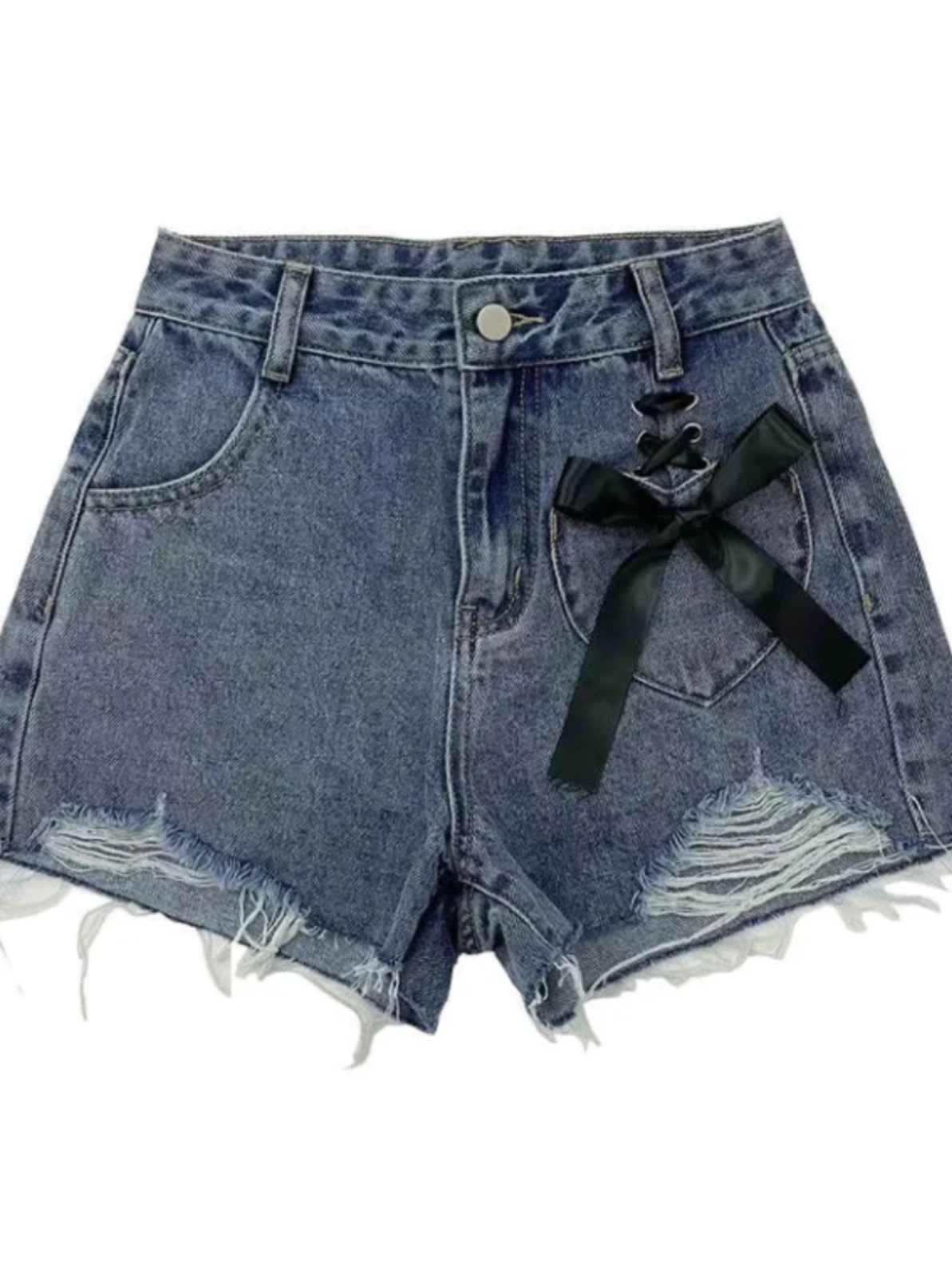 Bow-tied Ripped Denim Shorts - Image 9