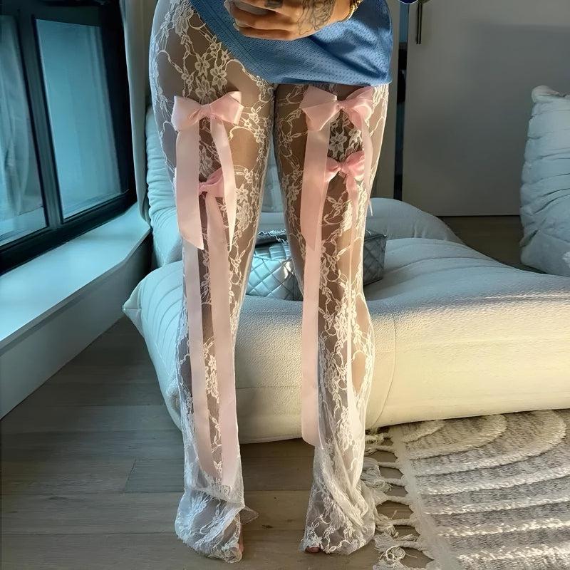 Bow Transparent Lace Flare Pants - Image 2