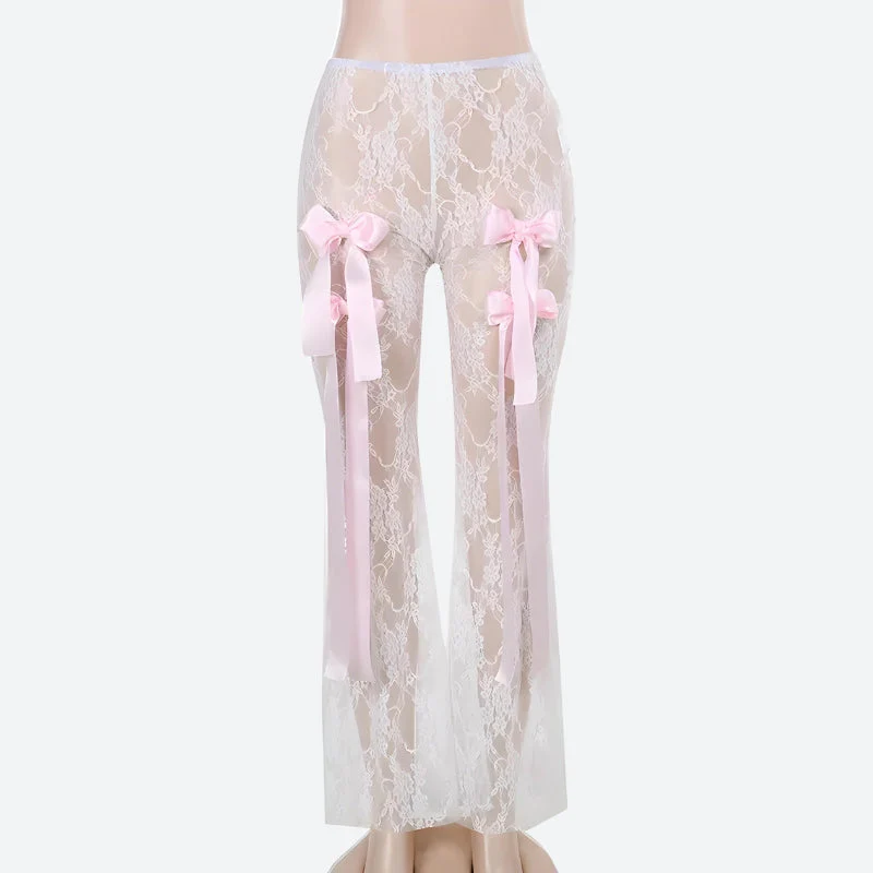 Bow Transparent Lace Flare Pants - Image 3