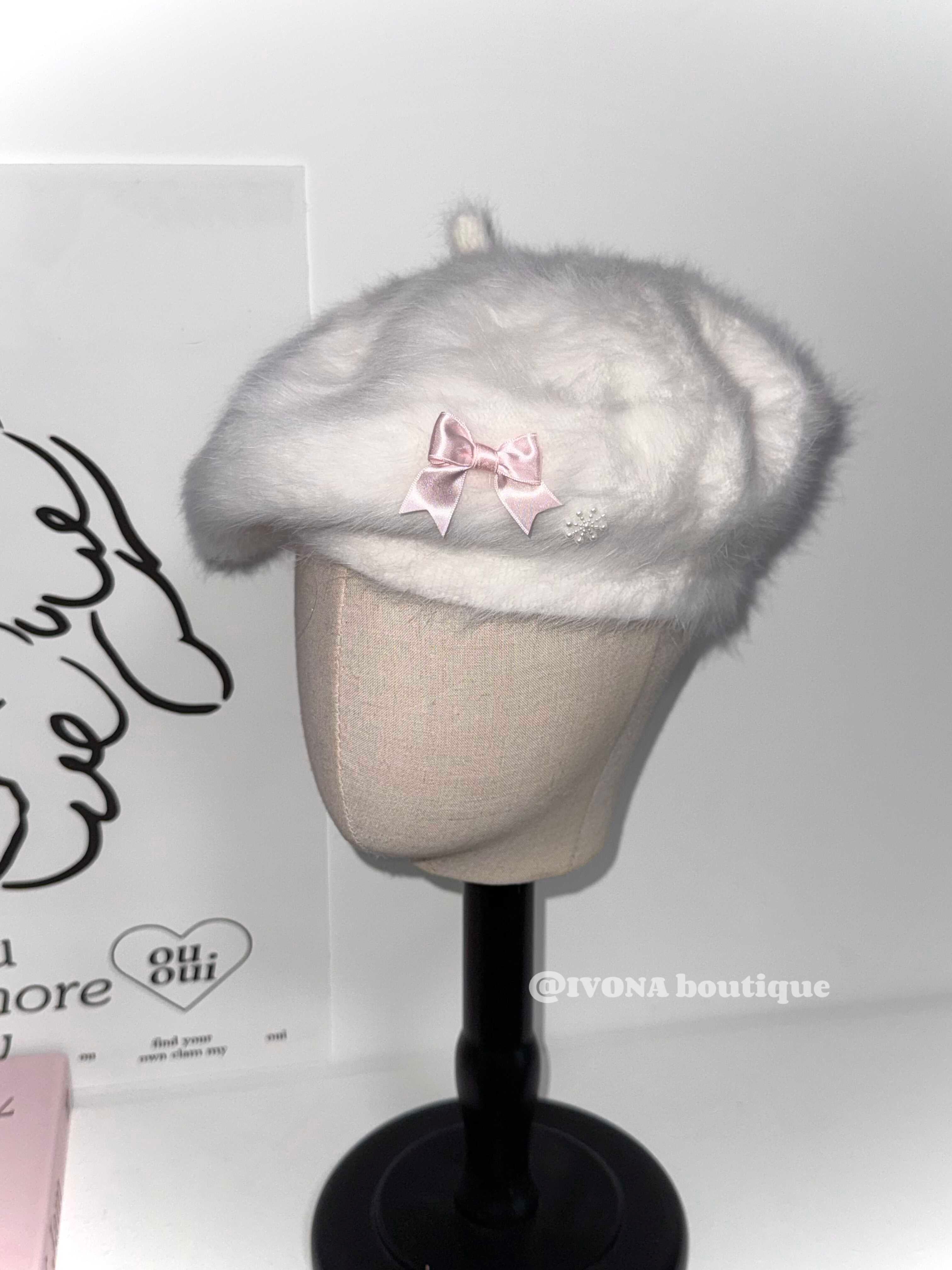 bow white fur kawaii hat - Image 3