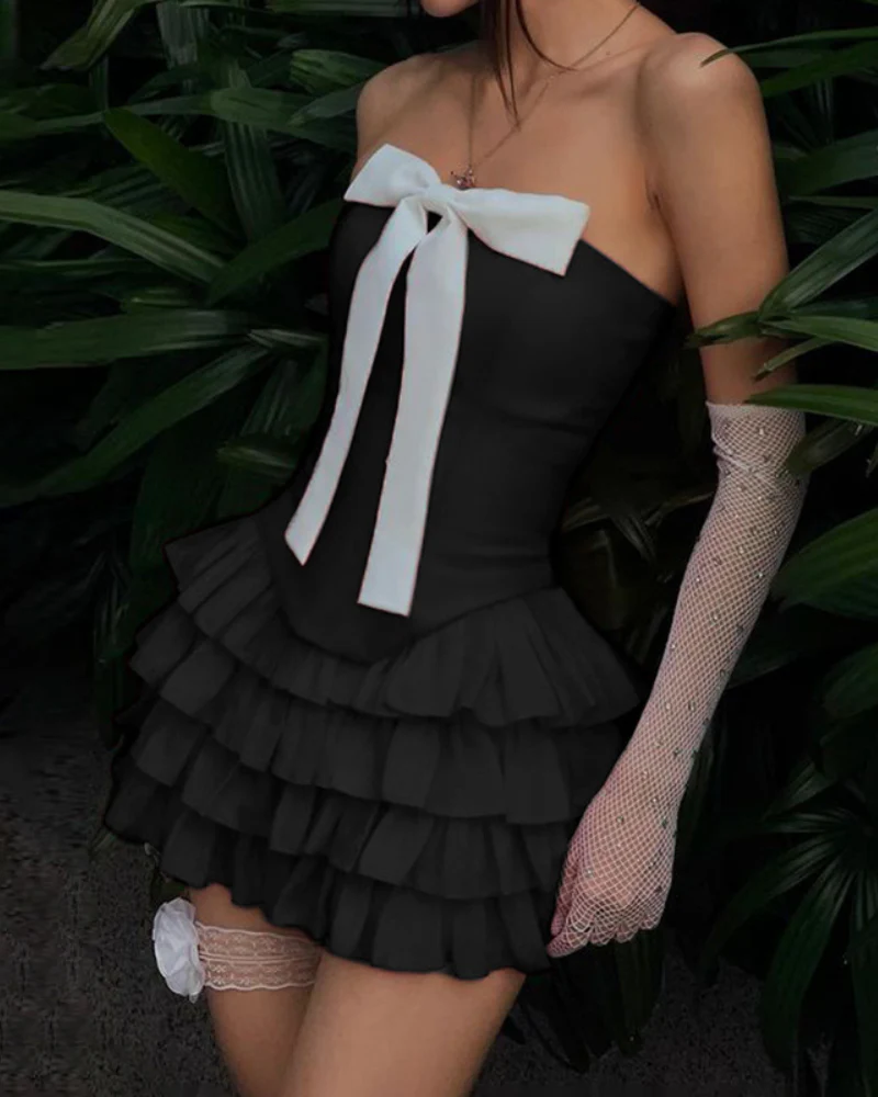 Bowknot Color-blocked Layered Tube Coquette Dress - Image 3