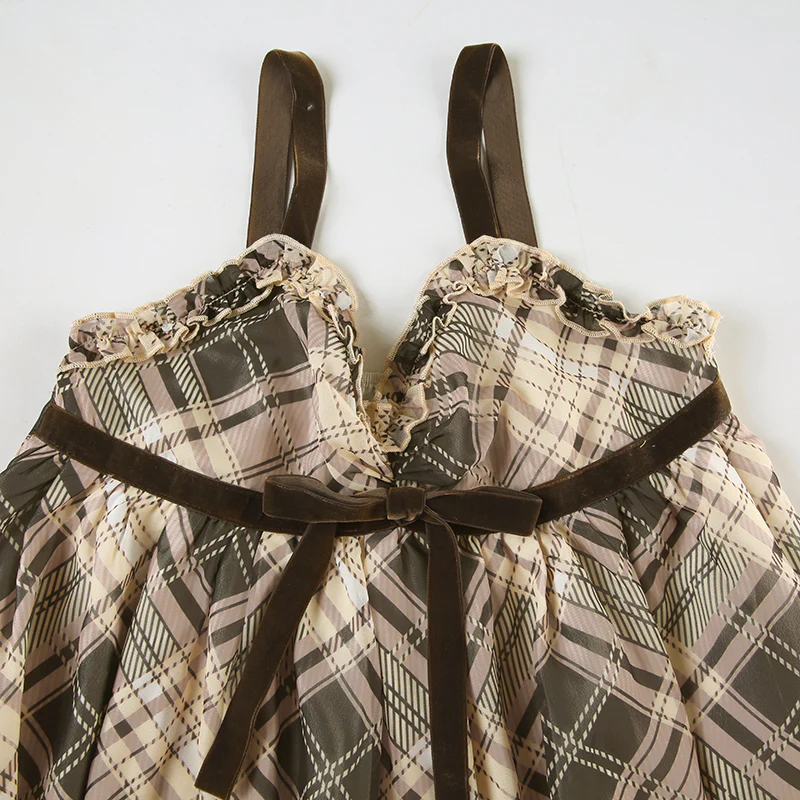 Brown Bow Tie Plaid Tank Top - Image 5