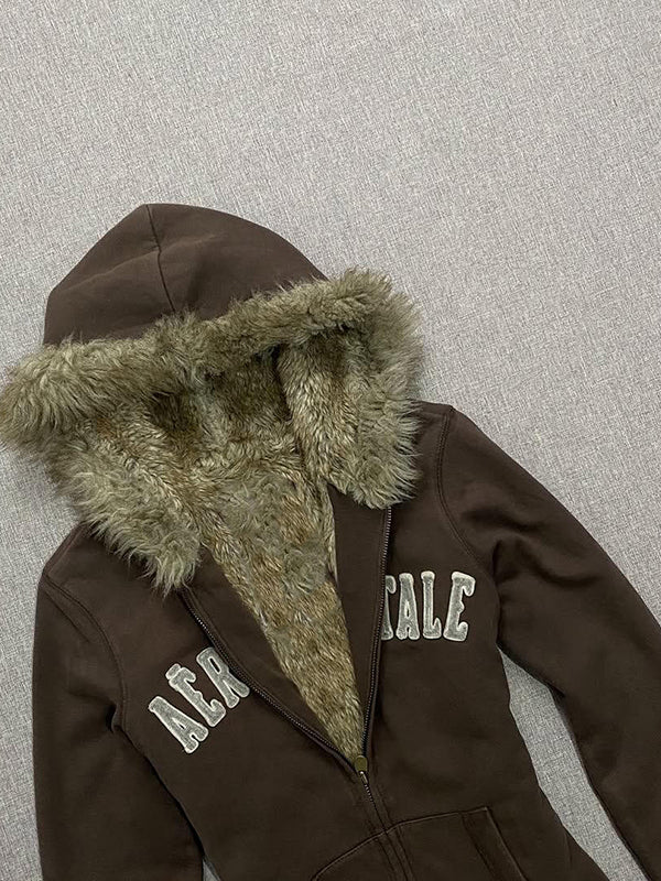 Brown Letter Fleece-Lined Hooded Jacket - Image 6