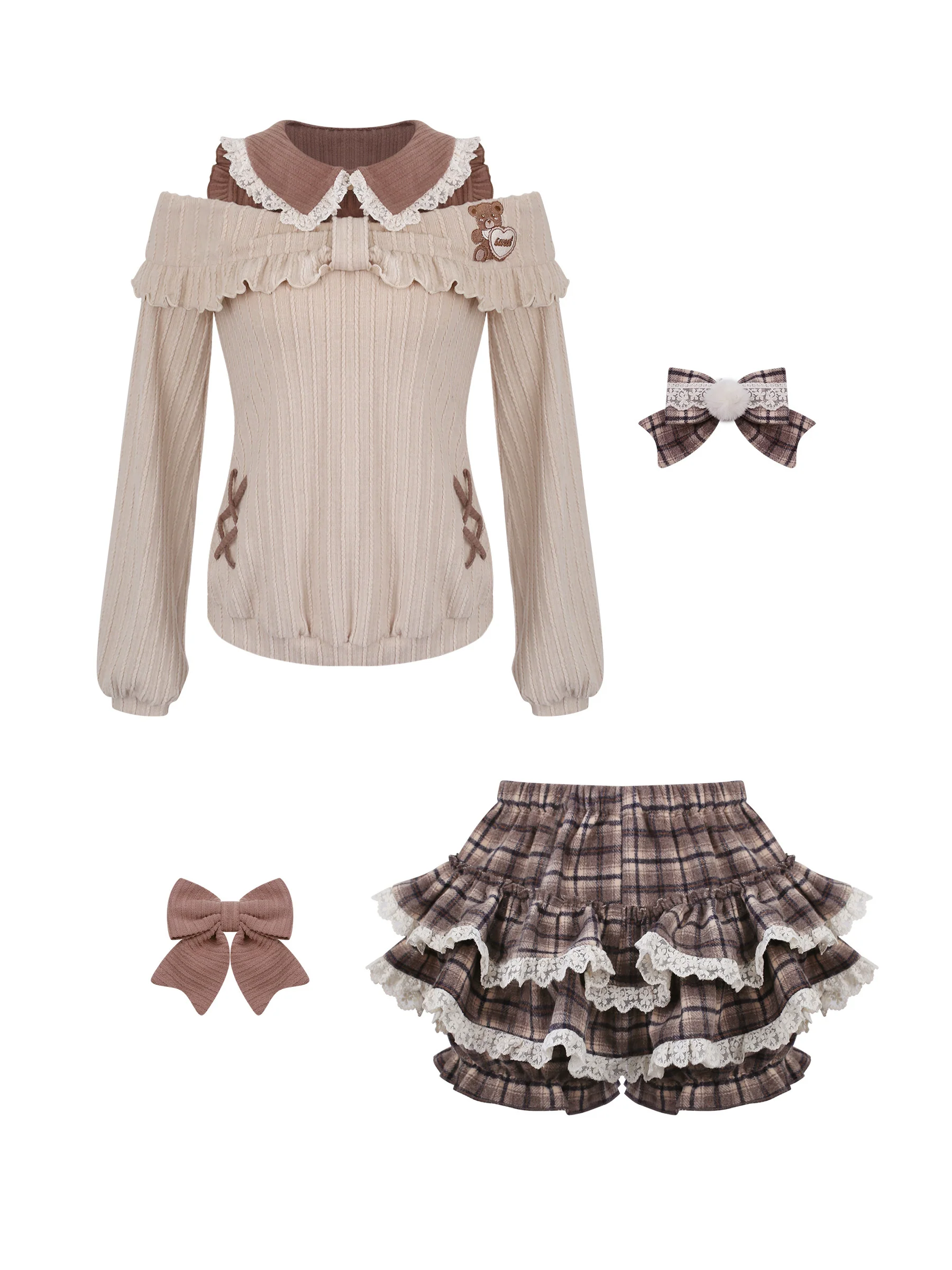 brown plaid bow kawaii jumper - Image 3