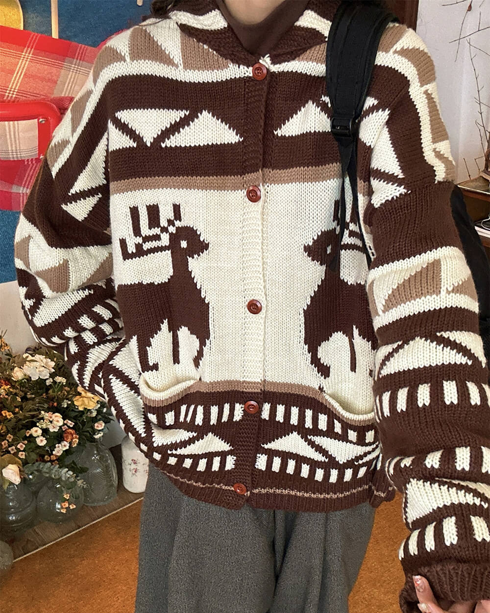 Brown Reindeer Knit Hooded Cardigan - Image 3