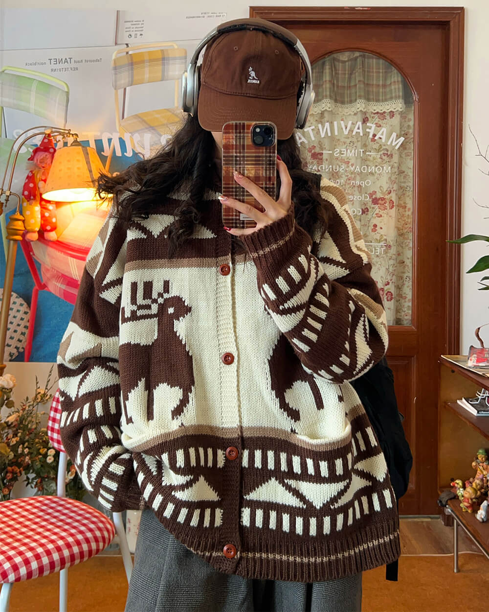 Brown Reindeer Knit Hooded Cardigan - Image 8