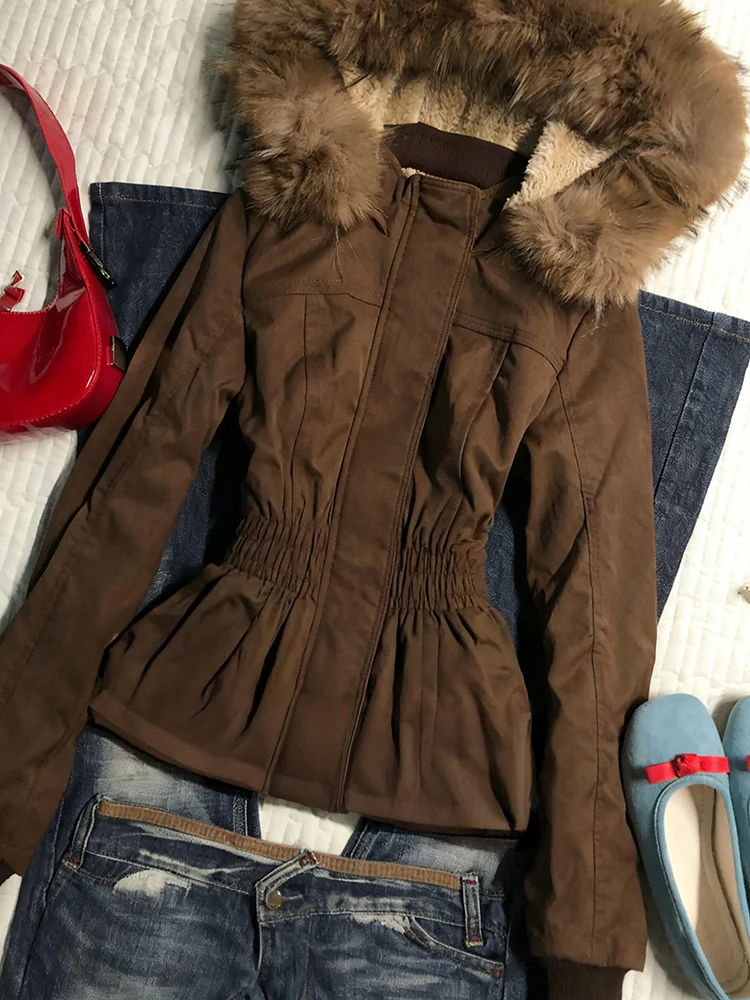 brown retro fur collar hooded waist slimming velvet overcoat - Image 2