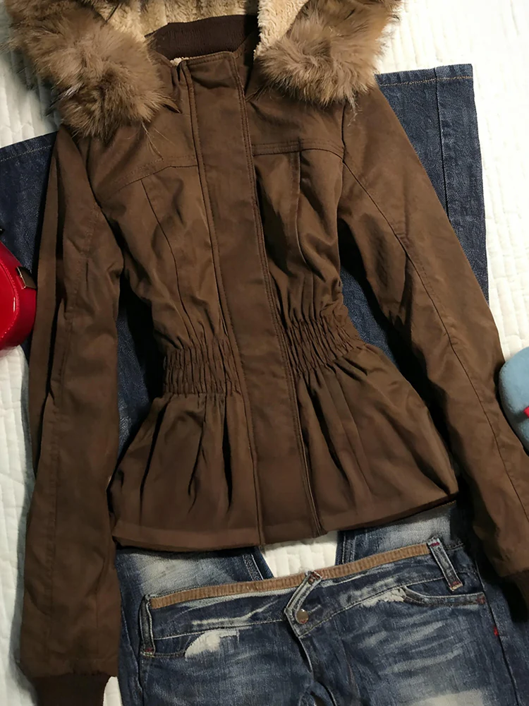 brown retro fur collar hooded waist slimming velvet overcoat - Image 3