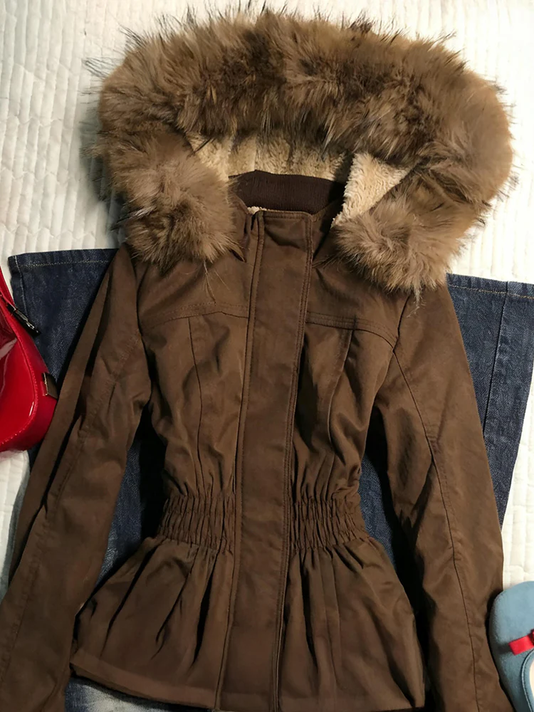 brown retro fur collar hooded waist slimming velvet overcoat - Image 4