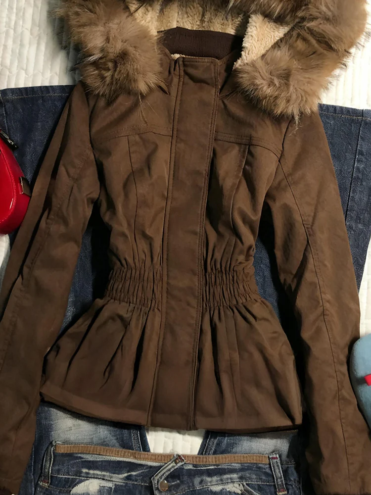 brown retro fur collar hooded waist slimming velvet overcoat - Image 5