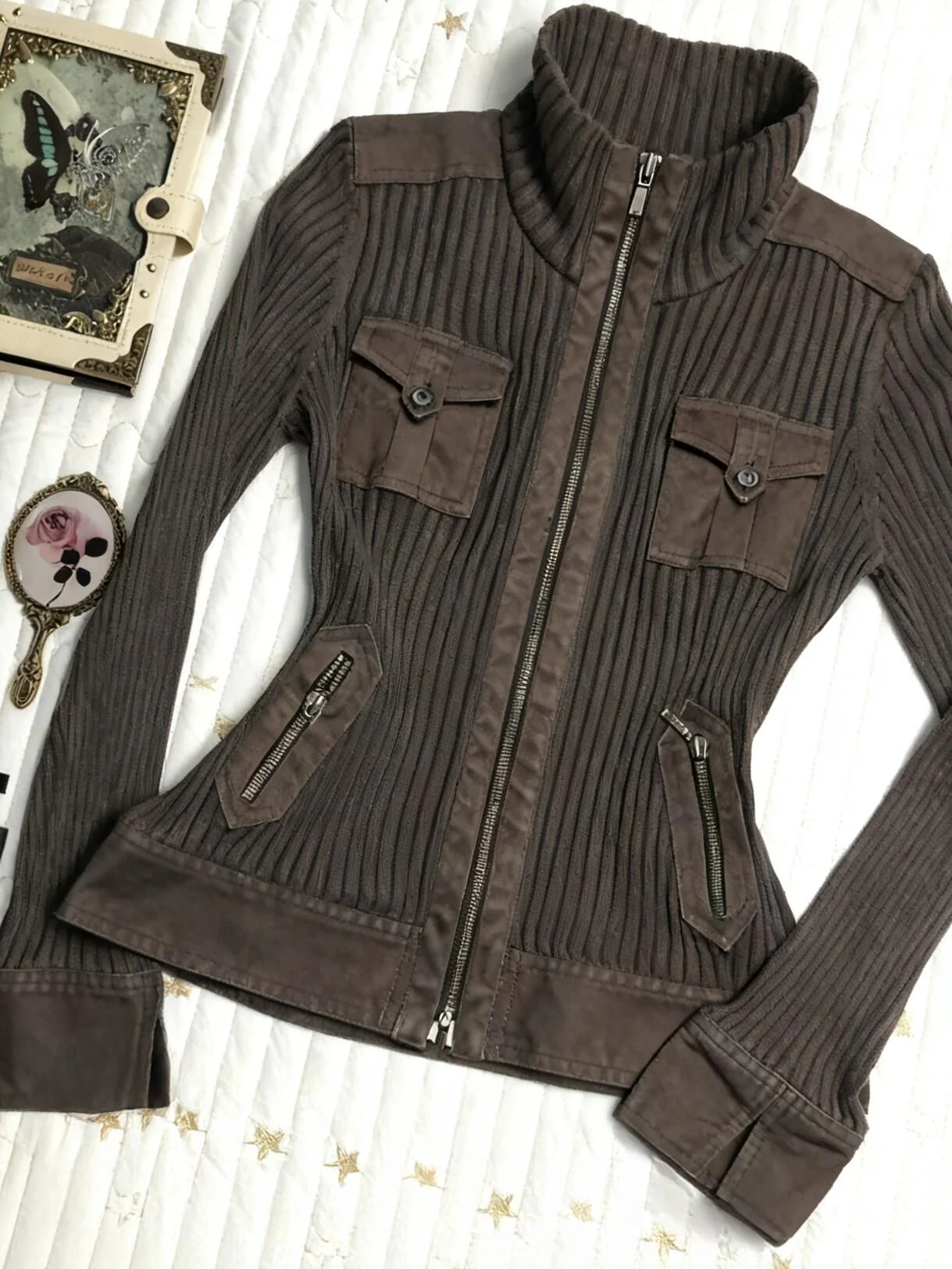 brown retro stand-up collar slim knitted cardigan - Image 2