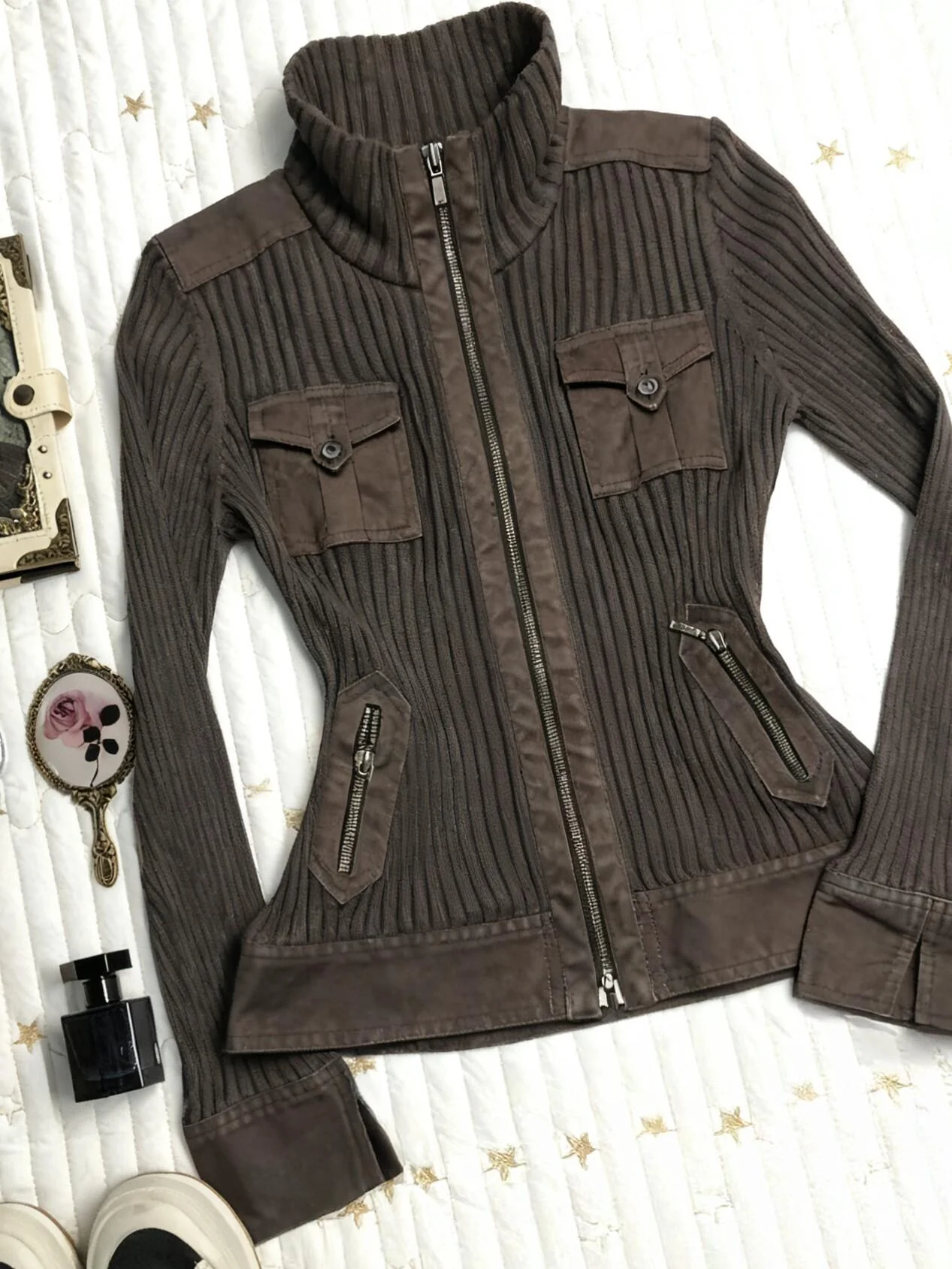 brown retro stand-up collar slim knitted cardigan - Image 3