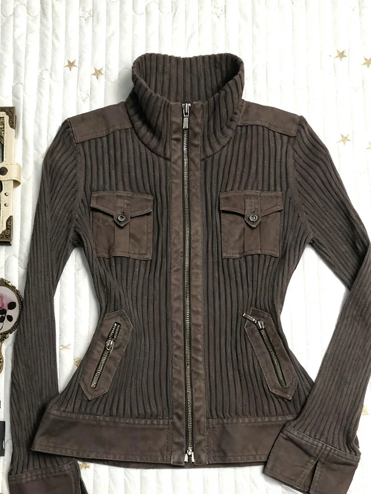 brown retro stand-up collar slim knitted cardigan - Image 4