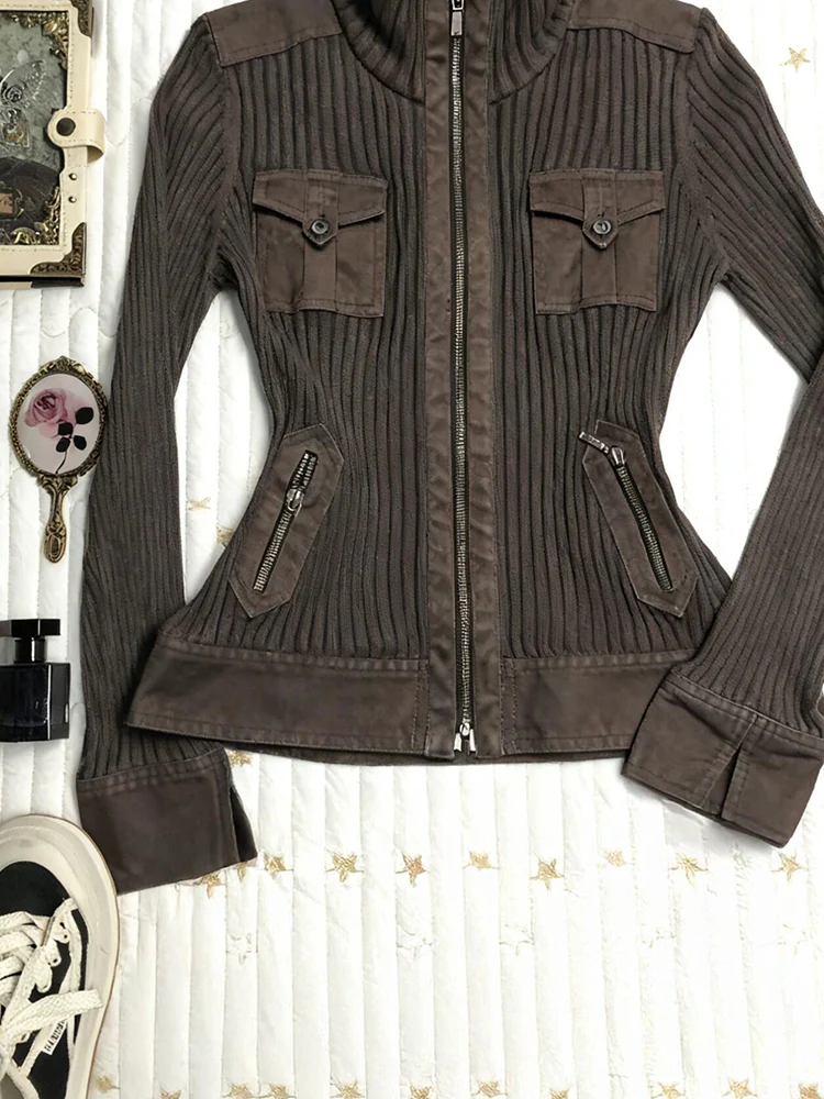 brown retro stand-up collar slim knitted cardigan - Image 5