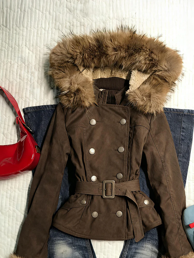 brown retro waist slimming fur collar hooded jacket - Image 2
