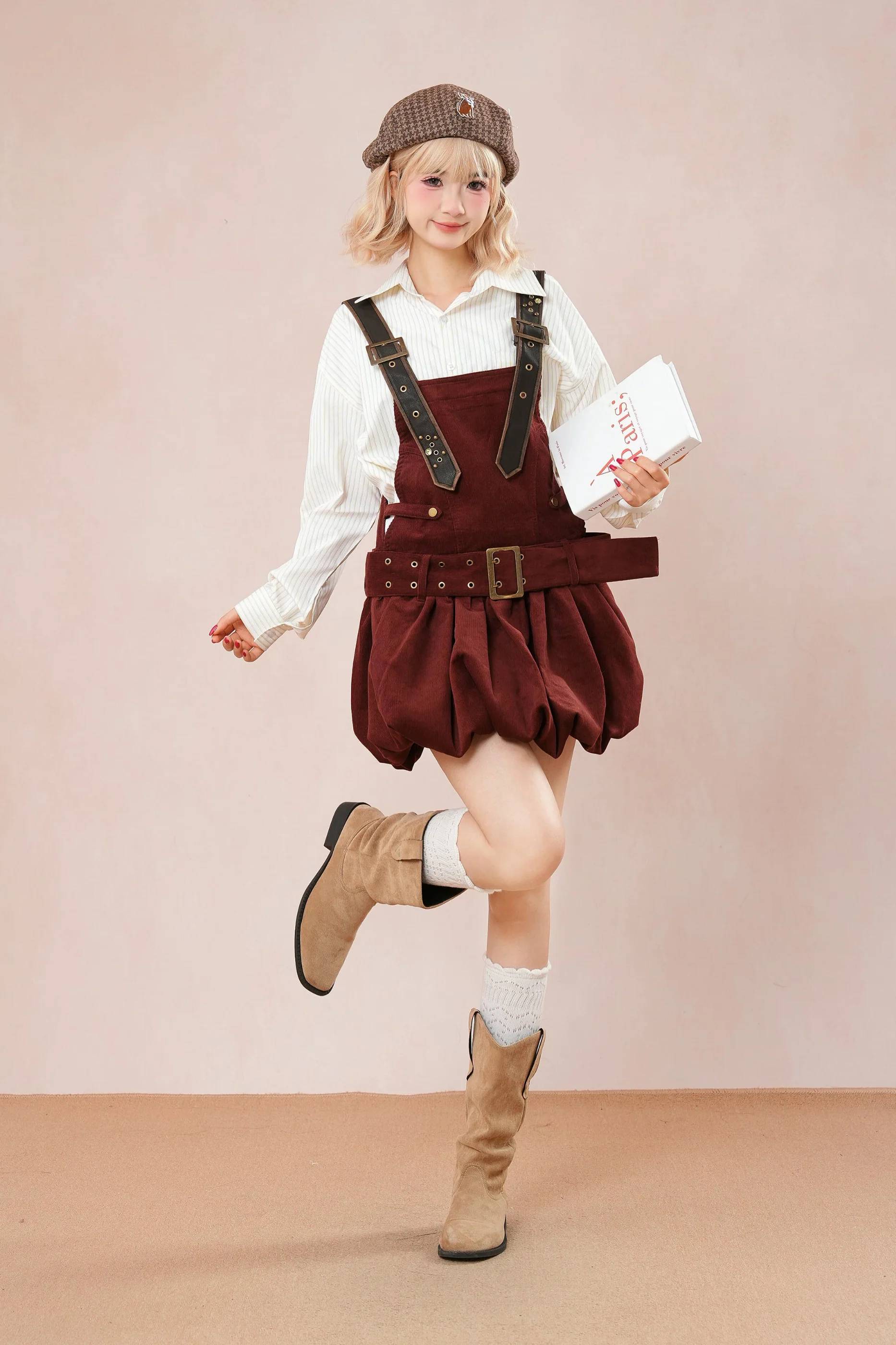 Burgundy Corduroy Suspender Dress - Image 7