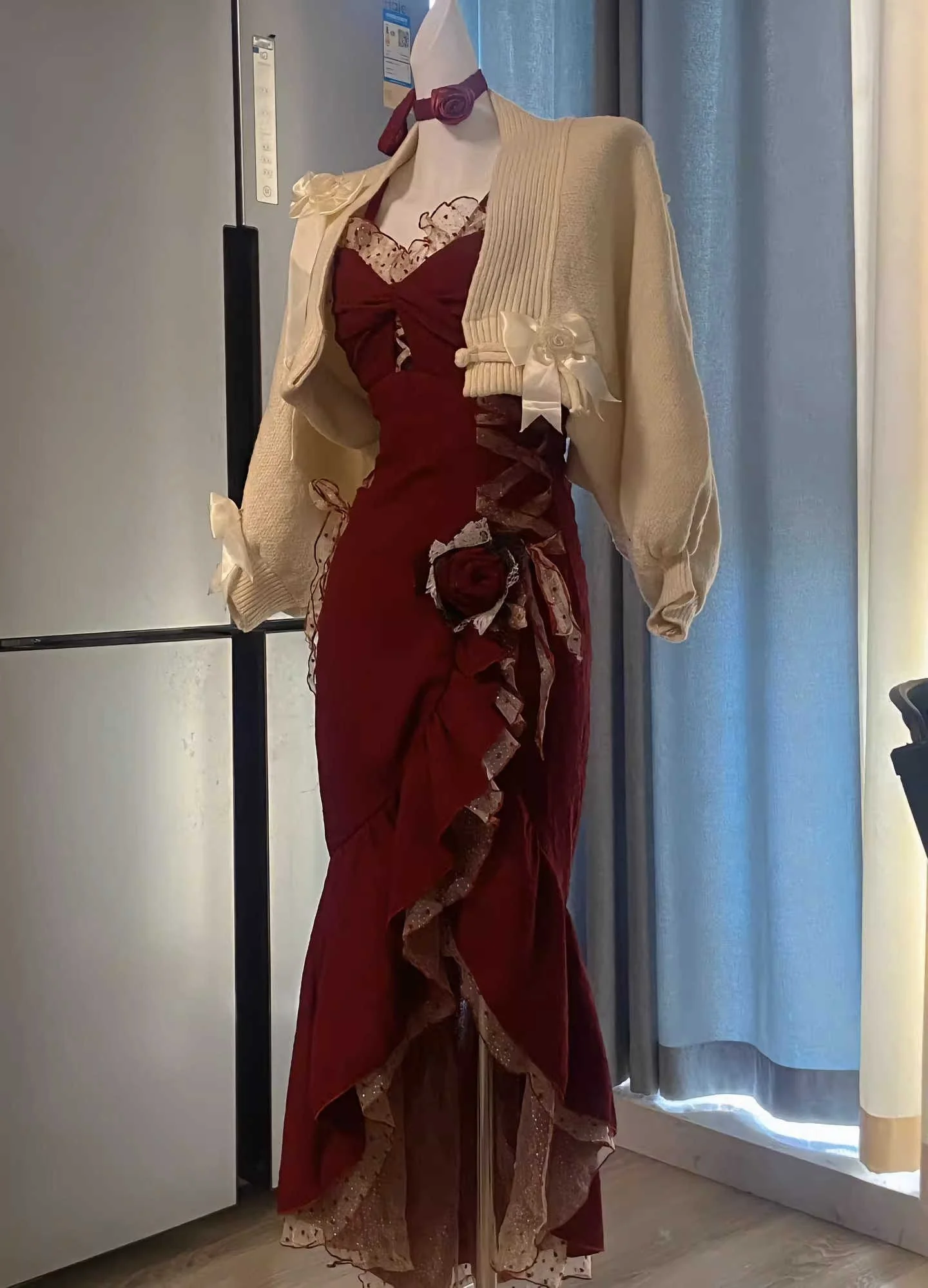 Burgundy Fishtail Ruffled Maxi Dress - Image 2