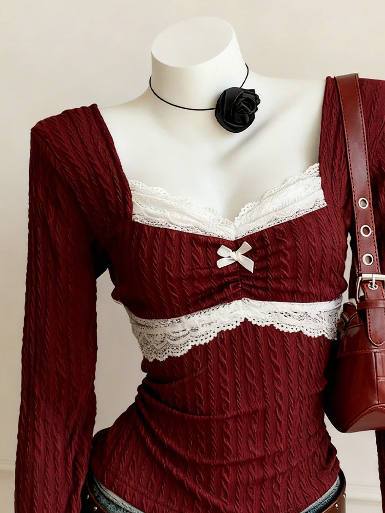 burgundy lace knit ling-sleeved top - Image 2