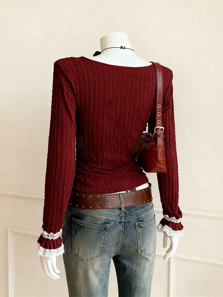 burgundy lace knit ling-sleeved top - Image 3