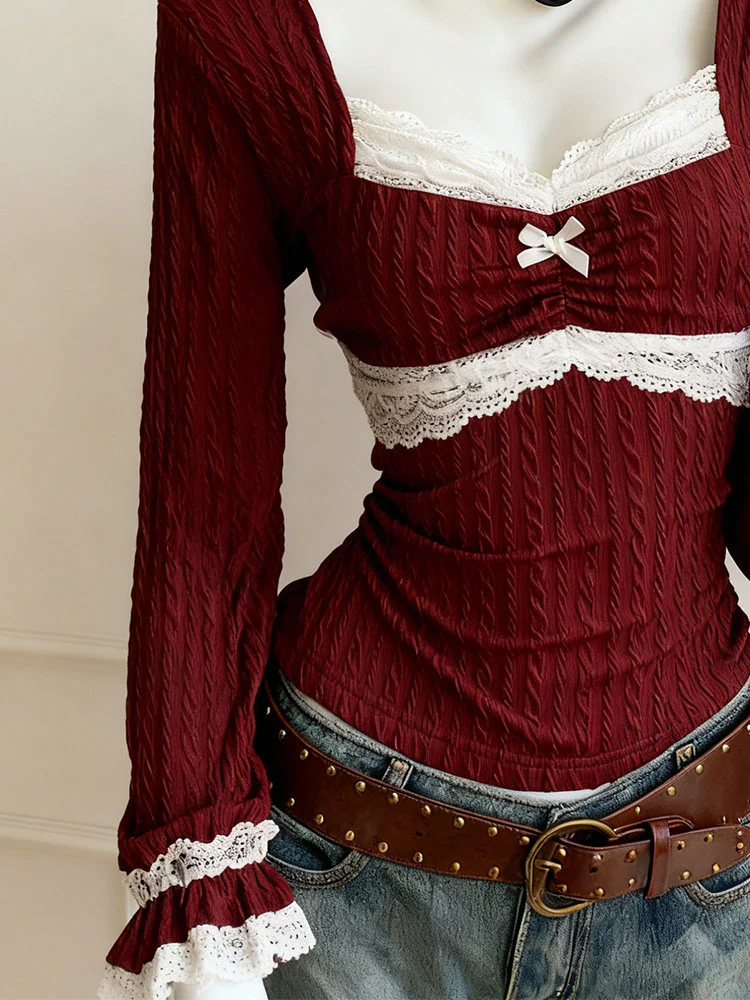 burgundy lace knit ling-sleeved top - Image 4