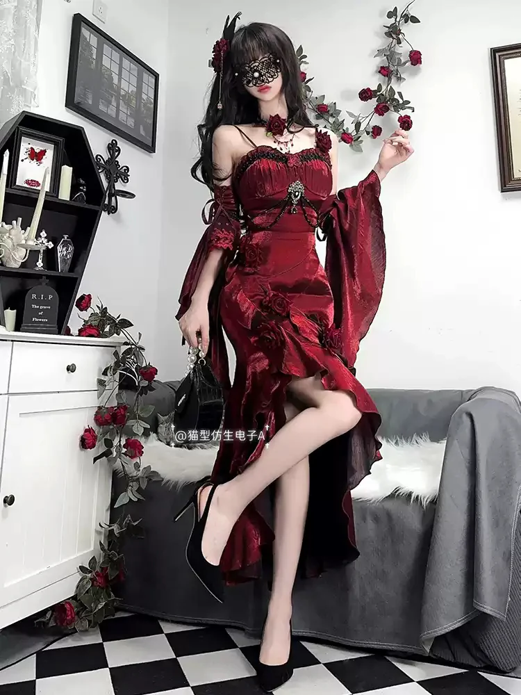 Burgundy Rose Fishtail Dress - Image 4