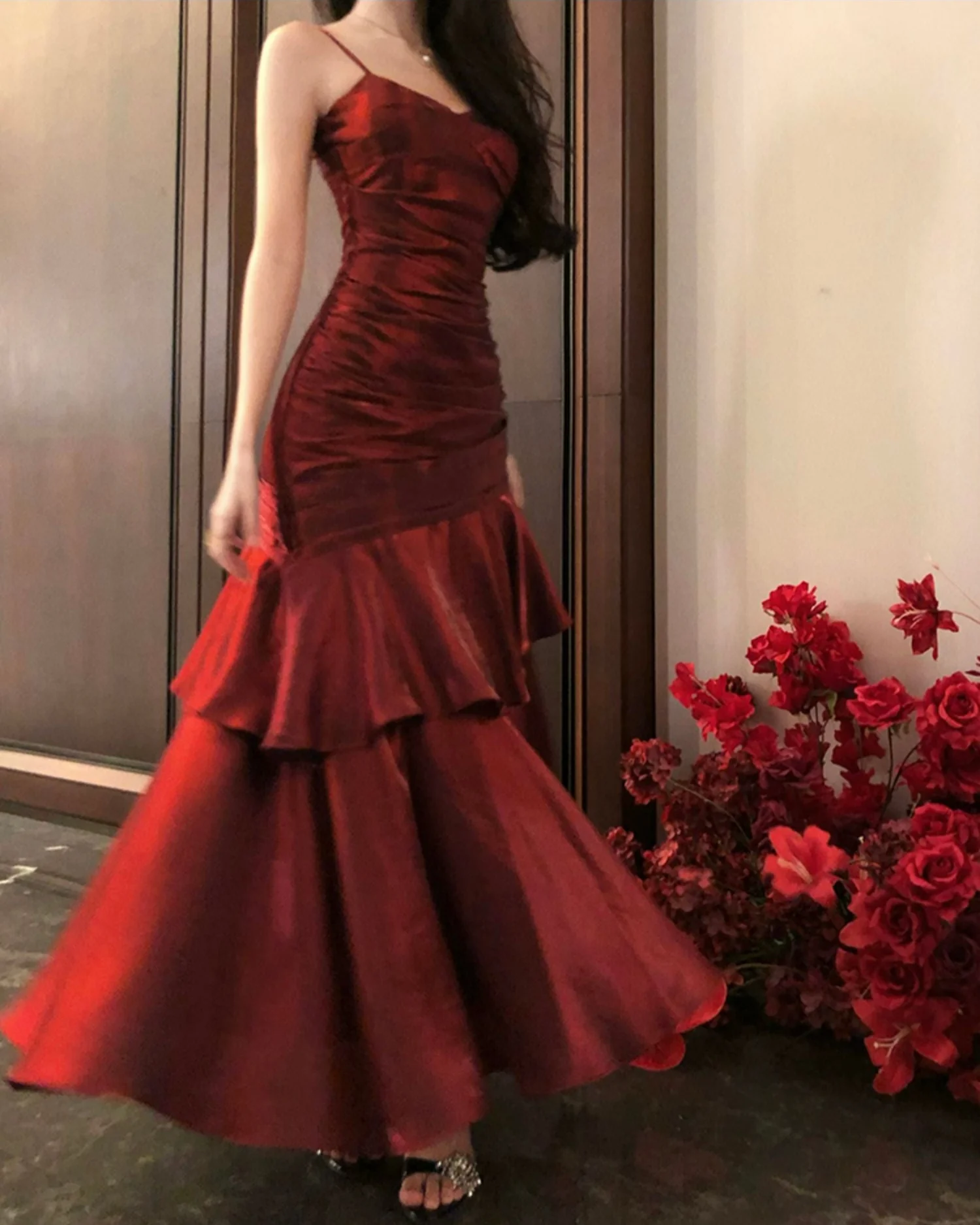Burgundy Satin Fishtail Prom Dress - Image 3