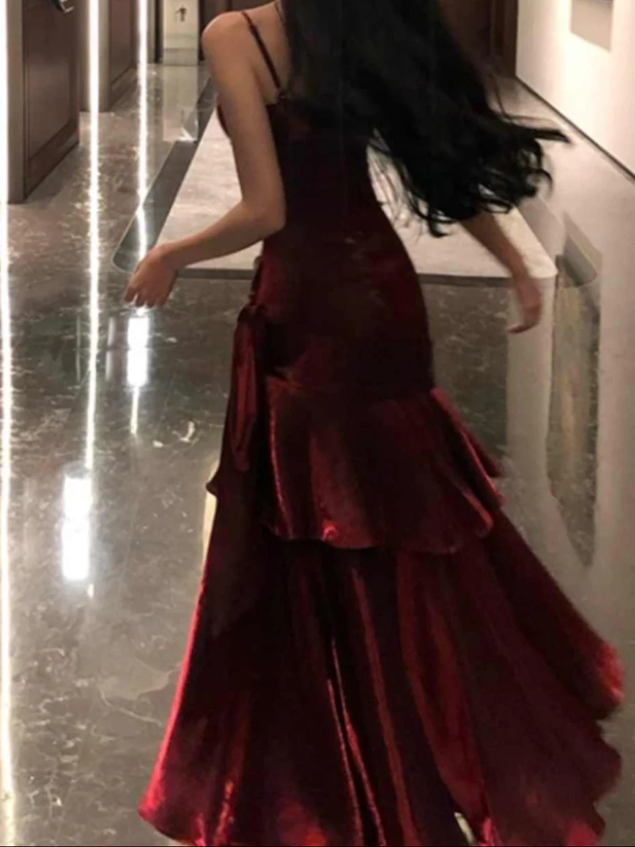 Burgundy Satin Fishtail Prom Dress - Image 4