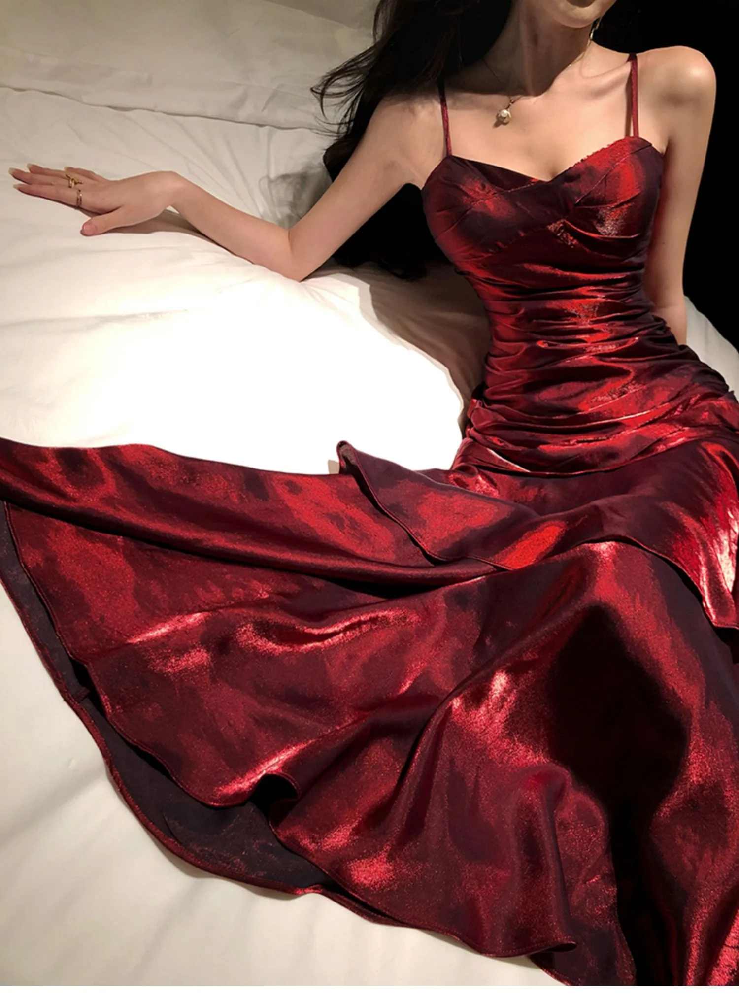 Burgundy Satin Fishtail Prom Dress - Image 5