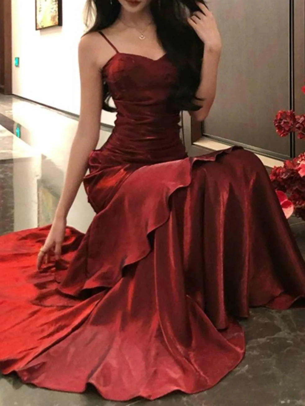 Burgundy Satin Fishtail Prom Dress - Image 6