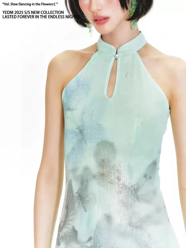Butterfly Print Halter Neck Qipao Dress - Image 2
