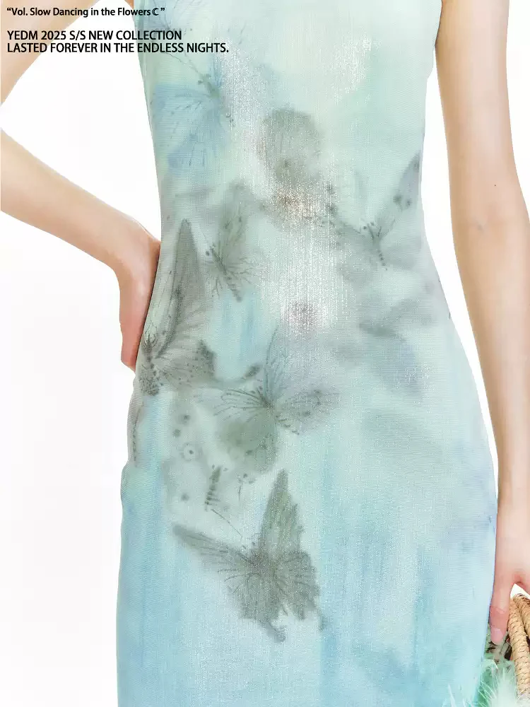 Butterfly Print Halter Neck Qipao Dress - Image 3