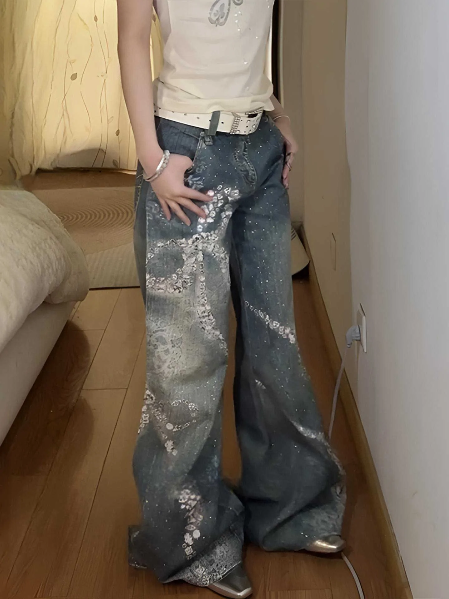 Butterfly Print Wide Legs Jeans - Image 2