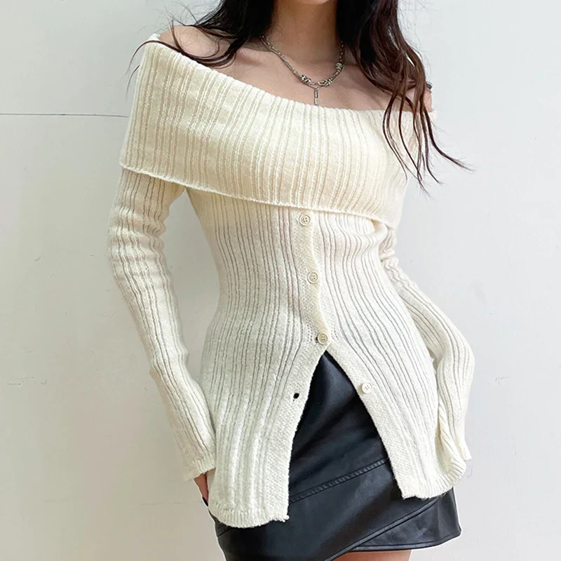 Button Up Off Shoulder Knitted Top - Image 3