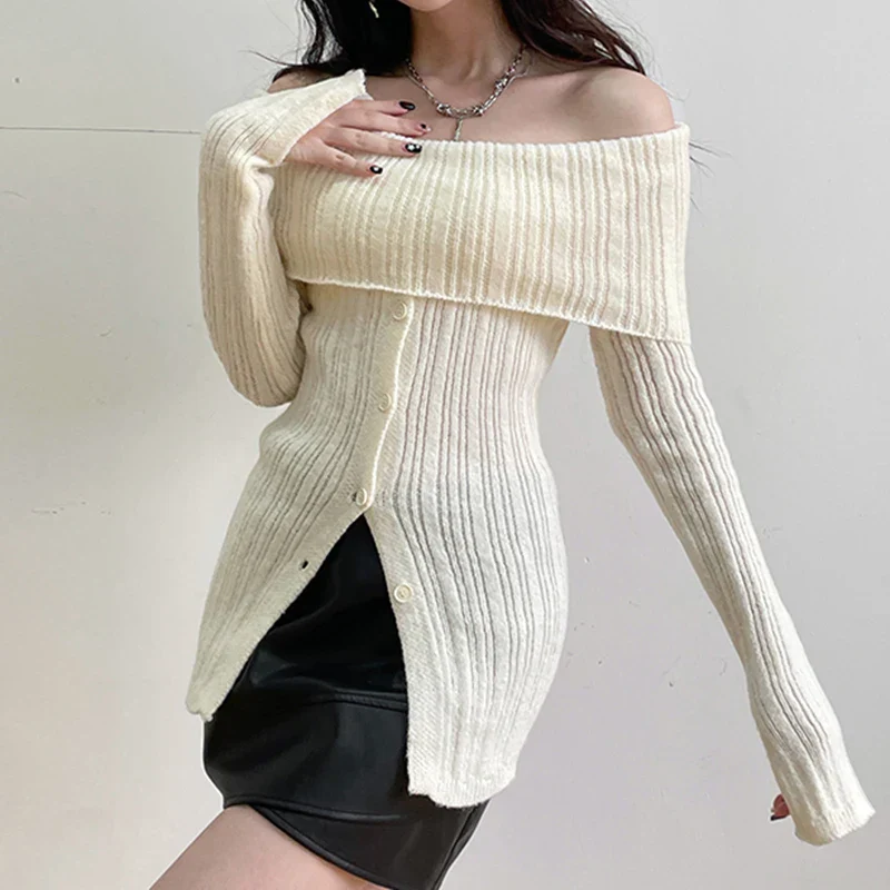 Button Up Off Shoulder Knitted Top - Image 4