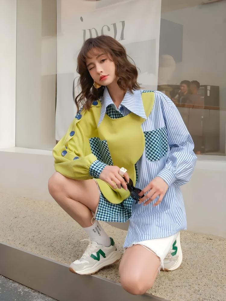 Buttoned Sleeved Patchwork Shirt - Image 3