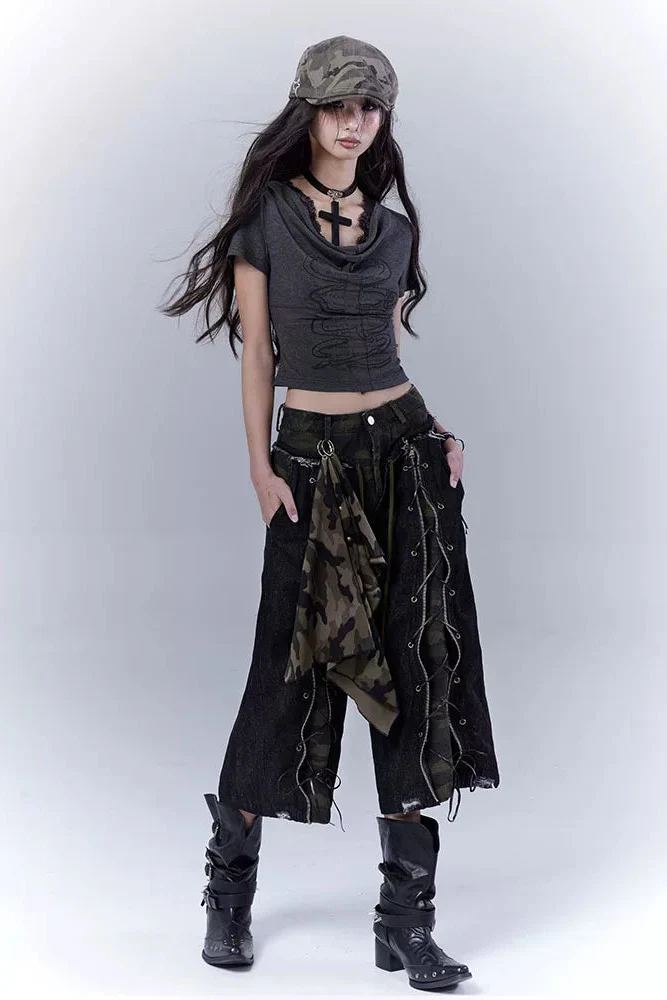 Camouflage Distressed Cropped Pants + Scarf - Image 4